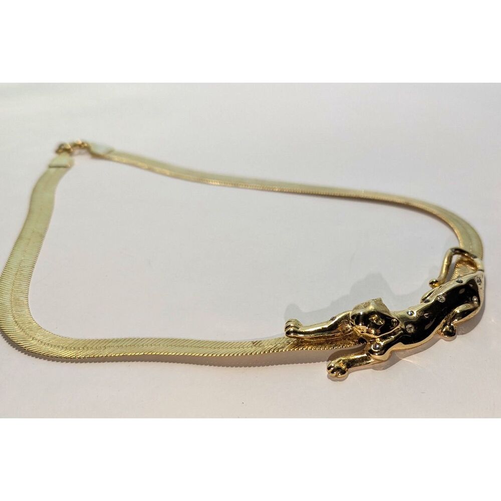 Leopard Panther Rhinestone Gold Tone Necklace - Picture 5 of 12
